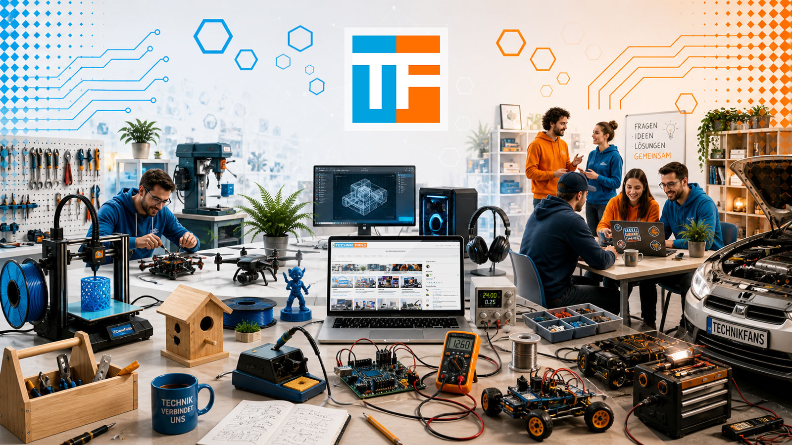Technikfans in einer Werkstatt beim Austausch über 3D-Druck, Elektronik-Löten, Drohnen-Bau und KFZ-Technik.